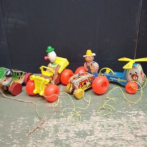 Fisher-Price wood pull toys: copter #448, Tractor #629, Jumper #450 Jalopy #724